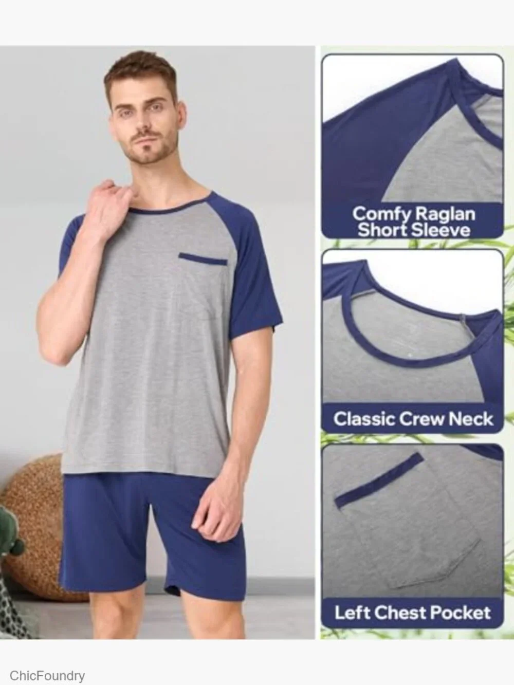 Mens Pajama Set Short Sleeve Sleepwear Lightweight Loungewear with Pockets
